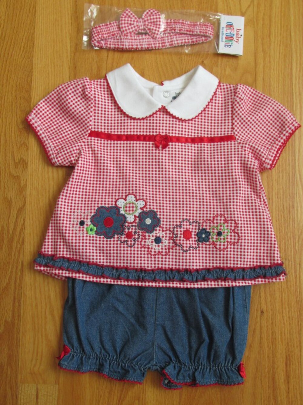 OKIE DOKIE GIRL'S SIZE 6 - 9 mo. TOP, SHORTS, & HEADBAND SET RED, WHITE BLUE NWT